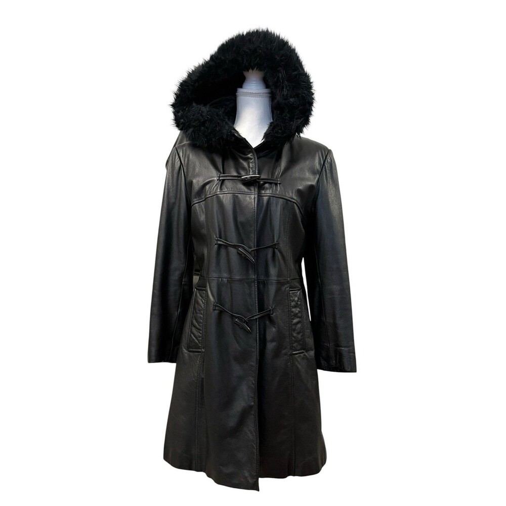 Vintage Wilsons Leather Maxima Black Leather Faux Fur Hood Toggle Coat M - Picture 3 of 16